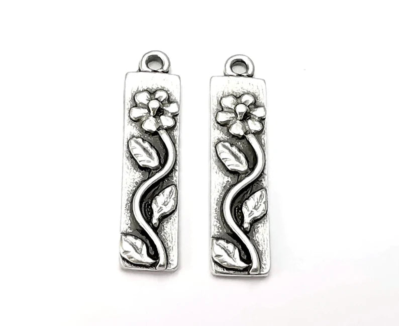 Flower Leaf Charms Branch Plant Pendant Antique Silver Plated Charms (28x7mm) G27930