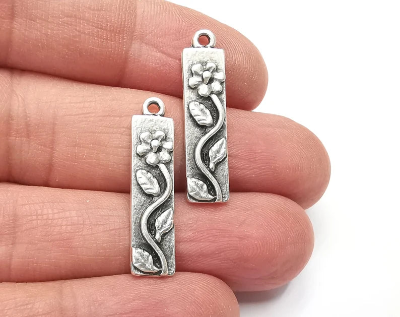 Flower Leaf Charms Branch Plant Pendant Antique Silver Plated Charms (28x7mm) G27930