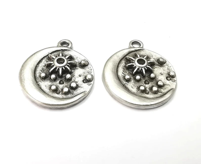 2 Moon Star Charms Crescent Pendant Antique Silver Plated Charms (24x20mm) G27931