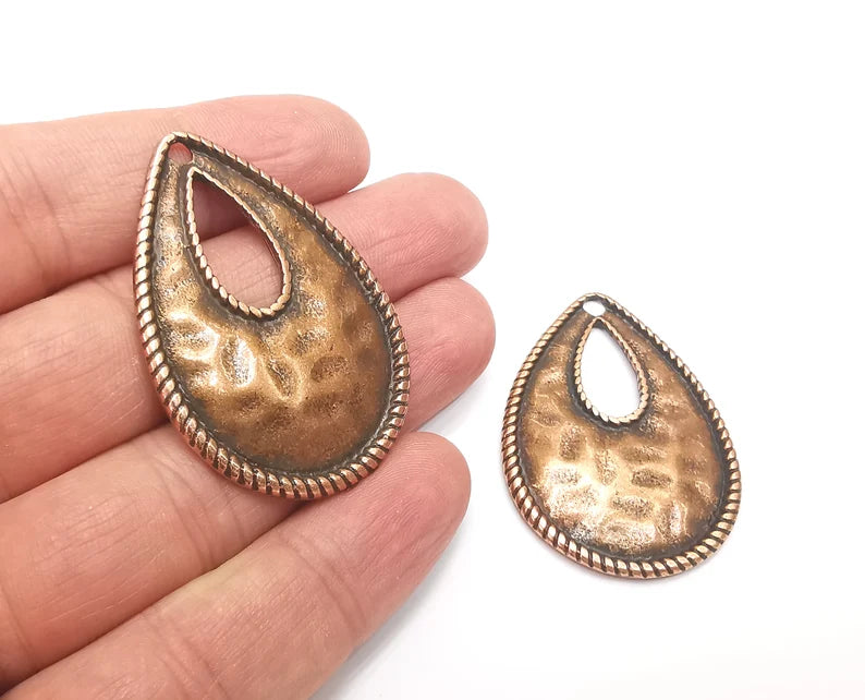 2 Hammered Drop Charms Antique Copper Plated Charms (49x34mm) G27933
