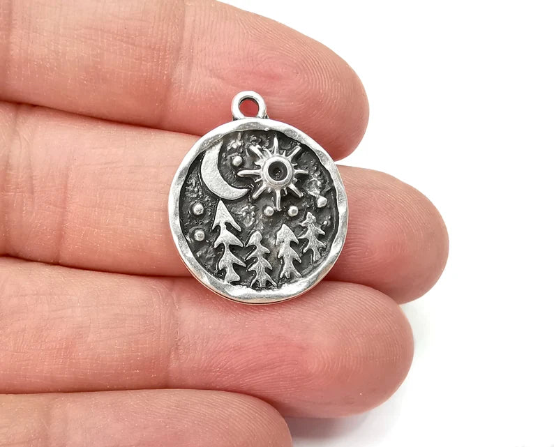 Pine Tree Forest Moon Stars Charms Crescent Night Pendant Antique Silver Plated Charms (25x21mm) G27944