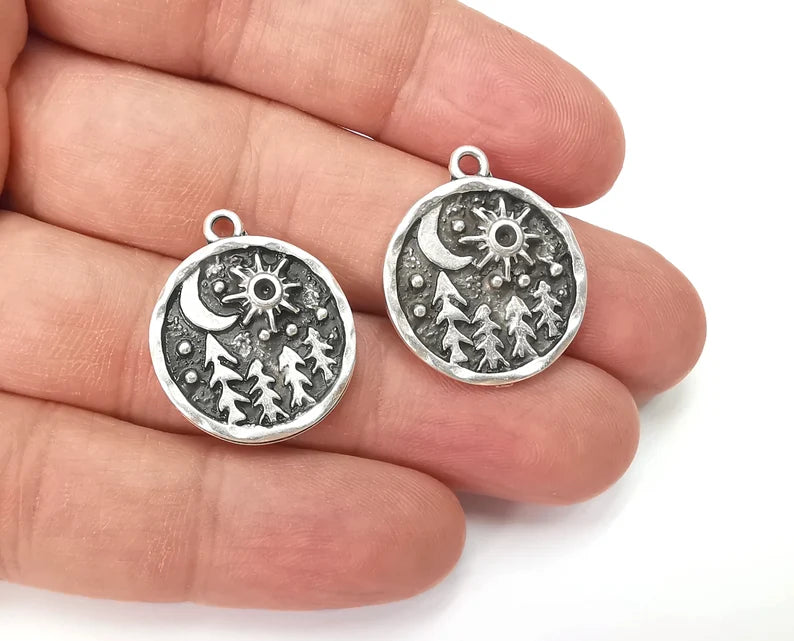 Pine Tree Forest Moon Stars Charms Crescent Night Pendant Antique Silver Plated Charms (25x21mm) G27944