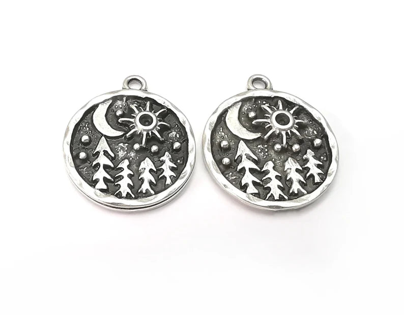 Pine Tree Forest Moon Stars Charms Crescent Night Pendant Antique Silver Plated Charms (25x21mm) G27944