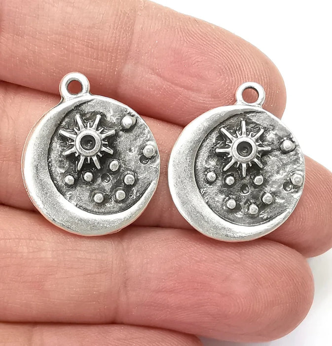 2 Moon Star Charms Crescent Pendant Antique Silver Plated Charms (24x20mm) G27931