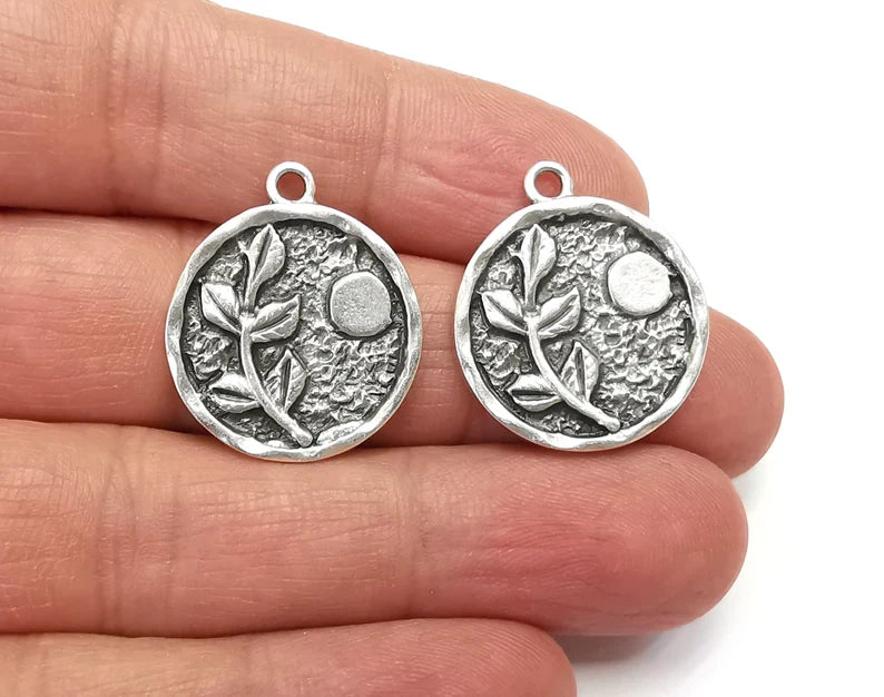 Branch Leaf Charms Plant Nature Stars Charms Full Moon Moonrise Pendant Antique Silver Plated Charms (26x22mm) G27950