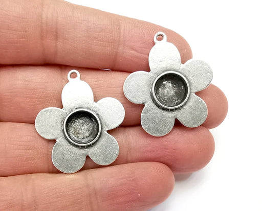 Flower Charms Blank Bezel Resin Bezel Mosaic Mountings Antique Silver Plated Charms (32x29mm) (10 mm Bezel Inner Size) G27954