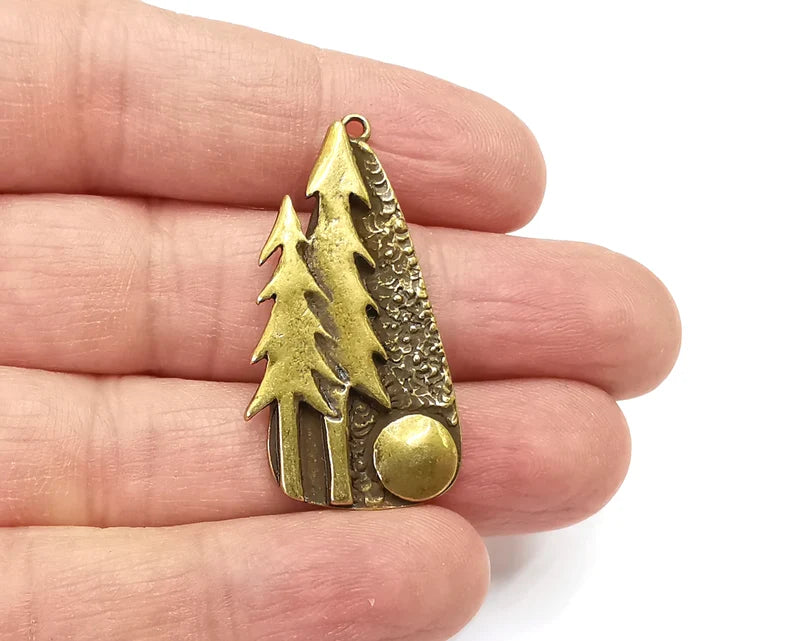 Pine Tree Forest Charms Full Moon Night Pendant Antique Bronze Plated Charms (40x21mm) G27955