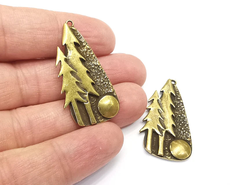 Pine Tree Forest Charms Full Moon Night Pendant Antique Bronze Plated Charms (40x21mm) G27955