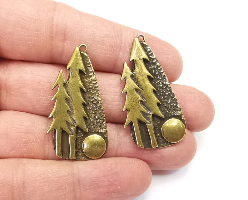 Pine Tree Forest Charms Full Moon Night Pendant Antique Bronze Plated Charms (40x21mm) G27955