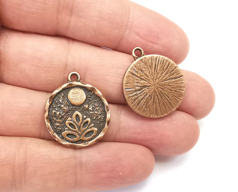 Lotus Full Moon Charms Round Night Pendant Antique Copper Plated Charms (26x22mm) G27960