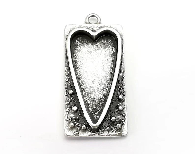 Heart Rectangle Pendant Blank Resin Bezel Mounting Cabochon Base Setting Antique Silver Plated Charms 38x18mm (28x14mm Blank) G27963