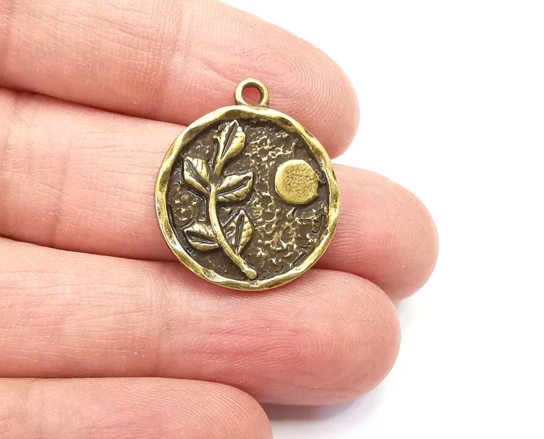 Branch Leaf Charms Plant Nature Stars Charms Full Moon Moonrise Pendant Antique Bronze Plated Charms (26x22mm) G27964