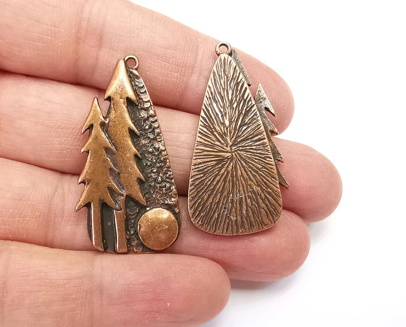 Pine Tree Forest Charms Full Moon Night Pendant Antique Copper Plated Charms (40x21mm) G27967