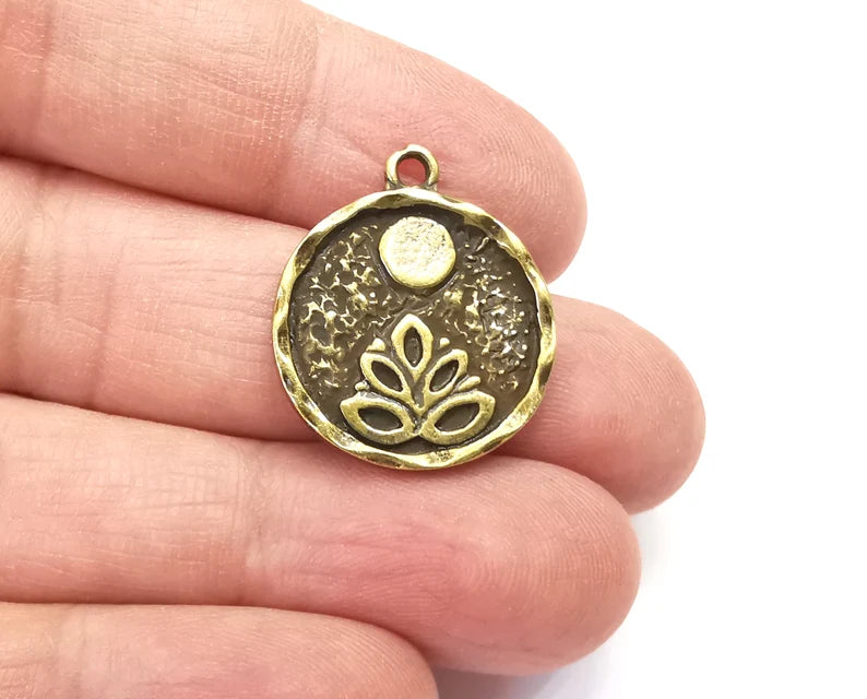 Lotus Full Moon Charms Round Night Pendant Antique Bronze Plated Charms (26x22mm) G27971