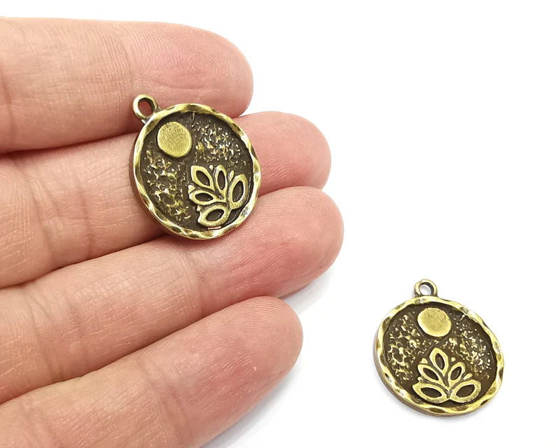 Lotus Full Moon Charms Round Night Pendant Antique Bronze Plated Charms (26x22mm) G27971