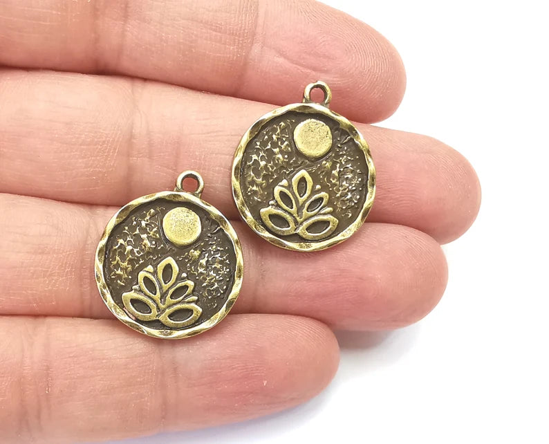 Lotus Full Moon Charms Round Night Pendant Antique Bronze Plated Charms (26x22mm) G27971