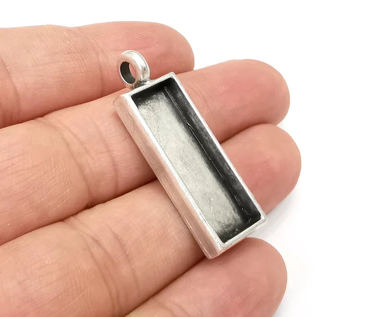 Rectangle Pendant Blanks, Resin Bezel Bases, Mosaic Mountings, Dry flower Frame, Polymer Clay base, Antique Silver Plated (30x10mm) G28120