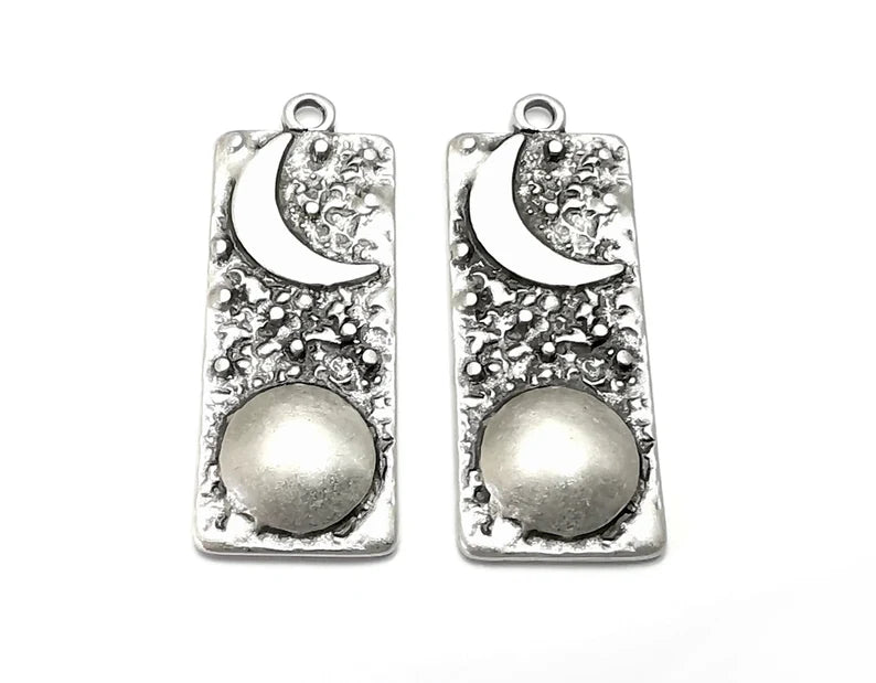 Crescent Full Moon Charms Star Night Sky Pendant Antique Silver Plated Charms (38x15mm) G27984