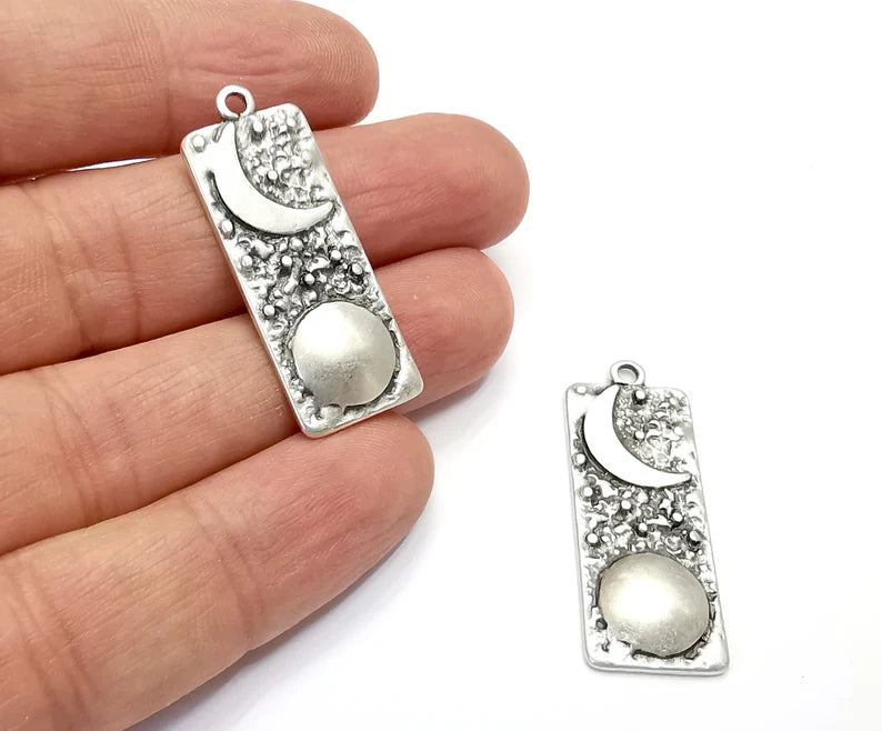 Crescent Full Moon Charms Star Night Sky Pendant Antique Silver Plated Charms (38x15mm) G27984