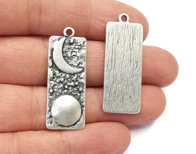 Crescent Full Moon Charms Star Night Sky Pendant Antique Silver Plated Charms (38x15mm) G27984