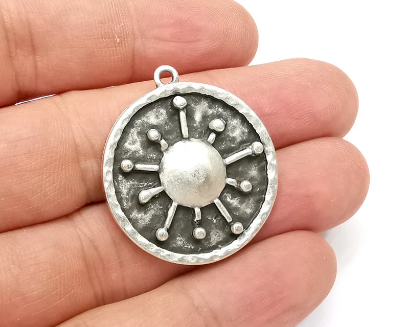 Sun Hammered Charms Pendant Antique Silver Plated (34x30mm) G28130