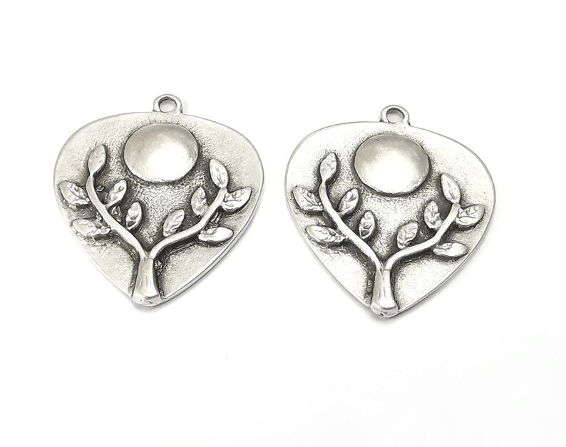 Branch Leaf Charms Plant Nature Charms Full Moon Moonrise Pendant Antique Silver Plated Charms (34x28mm) G27989