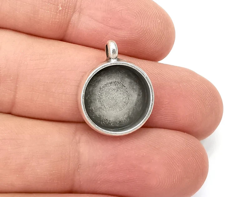 Round Pendant Blanks, Resin Bezel Bases, Mosaic Mountings, Dry flower Frame, Polymer Clay base, Antique Silver Plated (14mm) G28131