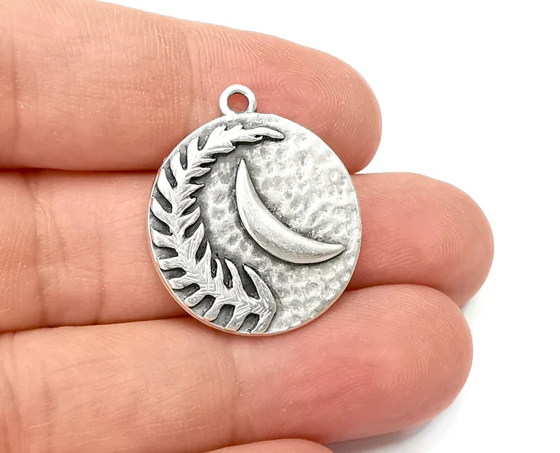 Fern Leaf Charms Crescent Hammered Disc Pendant Antique Silver Plated Plated (29x25mm) G28132