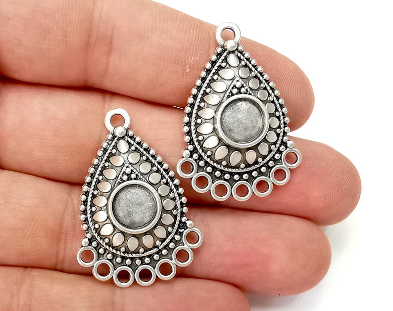 Drop Ethnic Silver Charms Connector Loop Blank Resin Bezel Mounting Cabochon Base Setting Antique Silver Plated (8mm Blank) G28135