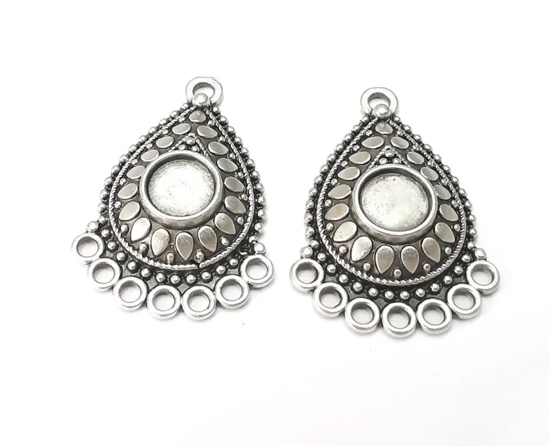 Drop Ethnic Silver Charms Connector Loop Blank Resin Bezel Mounting Cabochon Base Setting Antique Silver Plated (8mm Blank) G28135