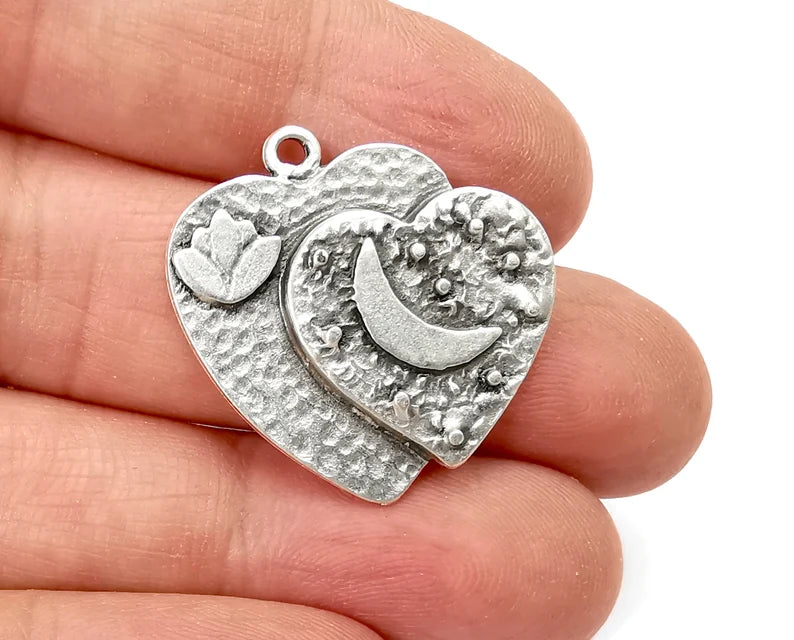 Heart Lotus Flower Charms Crescent Pendant Antique Silver Plated (28x28mm) G27991