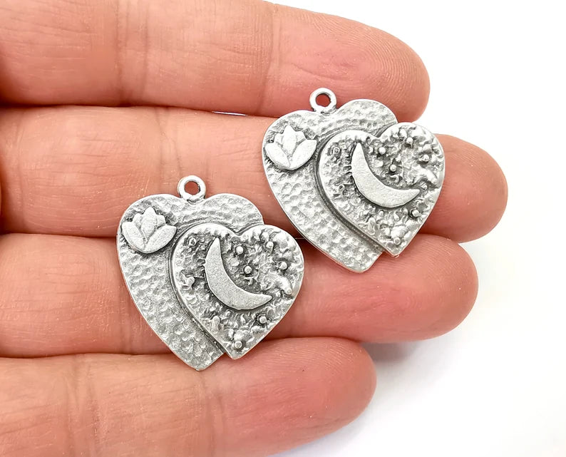 Heart Lotus Flower Charms Crescent Pendant Antique Silver Plated (28x28mm) G27991