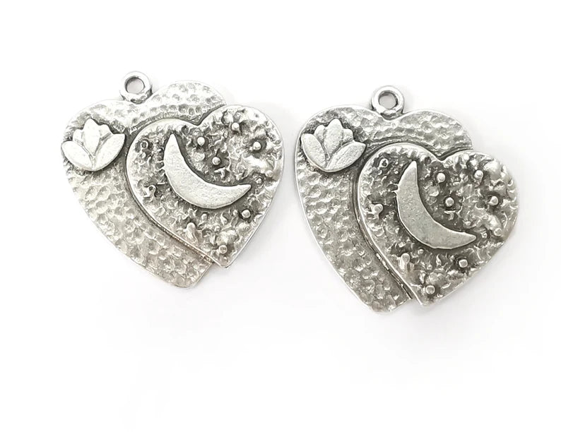 Heart Lotus Flower Charms Crescent Pendant Antique Silver Plated (28x28mm) G27991