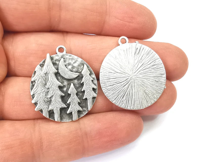 Forest Landscape Pine Tree Crescent Moon Round Charms Pendant Antique Silver Plated Charms (31x28mm) G27994