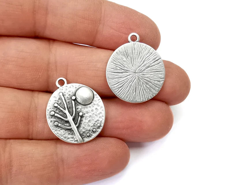 2 Tree Moon Charms Hammered Round Full Moon Pendant Antique Silver Plated Charms (26x22mm) G27995