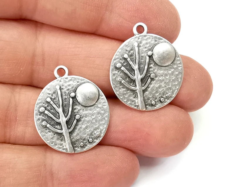 2 Tree Moon Charms Hammered Round Full Moon Pendant Antique Silver Plated Charms (26x22mm) G27995