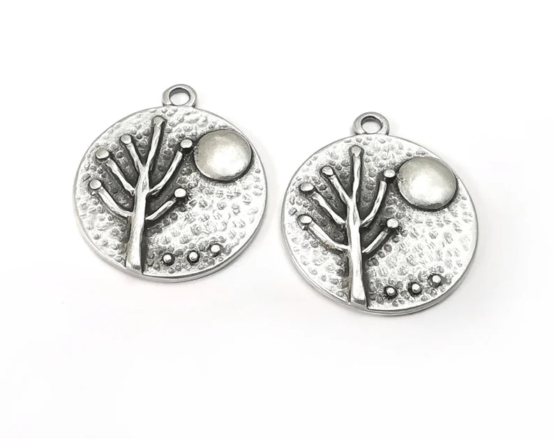 2 Tree Moon Charms Hammered Round Full Moon Pendant Antique Silver Plated Charms (26x22mm) G27995