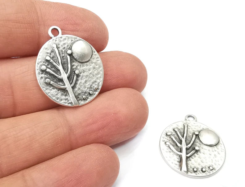 2 Tree Moon Charms Hammered Round Full Moon Pendant Antique Silver Plated Charms (26x22mm) G27995