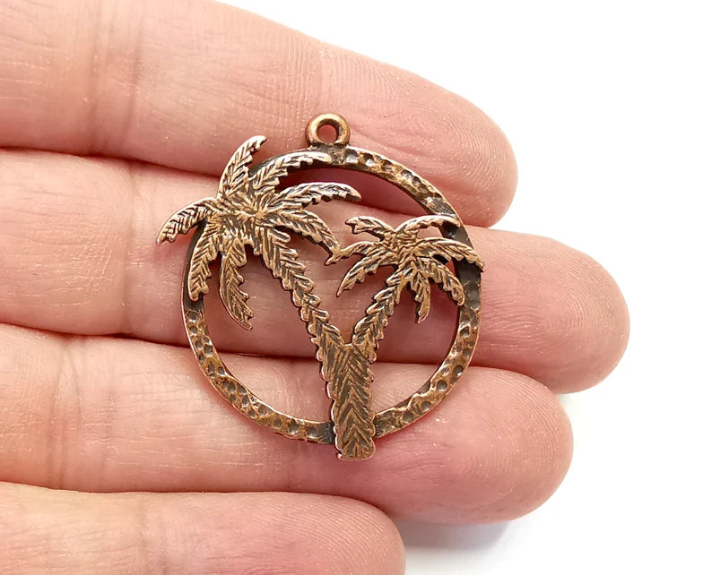 Palm Tree Round Charms Antique Copper Plated Charms (36x31mm) G27999