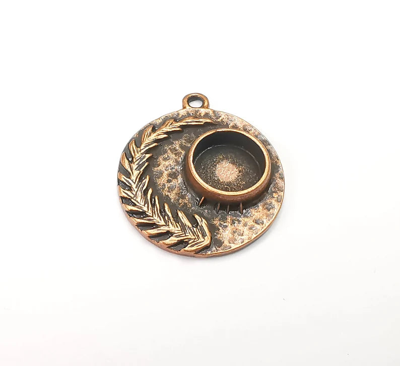 Fern Leaf Feather Charms Disc Copper Blank Bezel Pendant Antique Copper Plated (10mm Blank) G28158