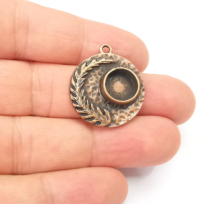 Fern Leaf Feather Charms Disc Copper Blank Bezel Pendant Antique Copper Plated (10mm Blank) G28158