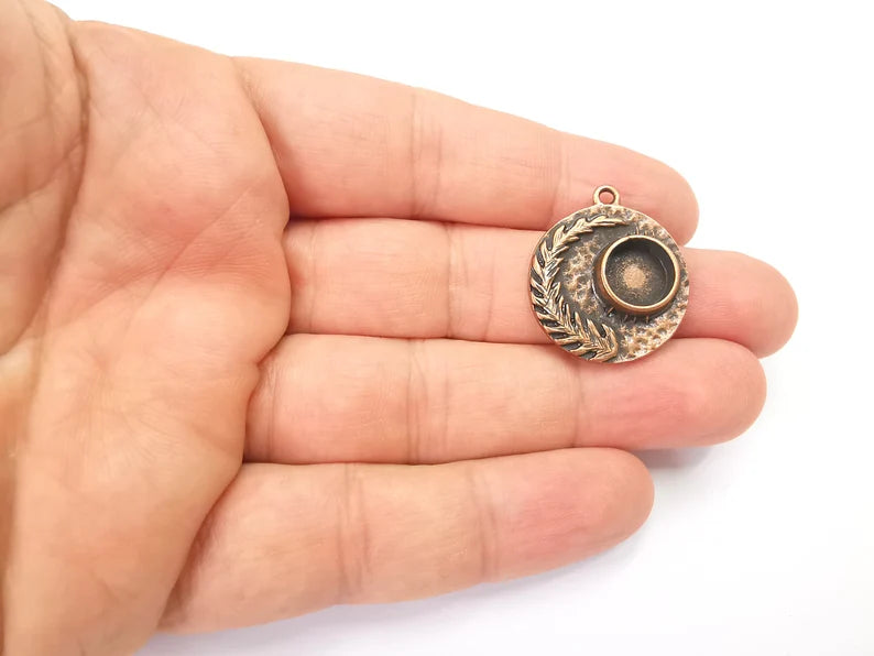 Fern Leaf Feather Charms Disc Copper Blank Bezel Pendant Antique Copper Plated (10mm Blank) G28158