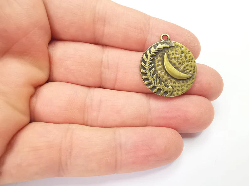 Fern Leaf and Moon Charms Hammered Crescent Pendant Antique Bronze Plated Plated (29x25mm) G28162