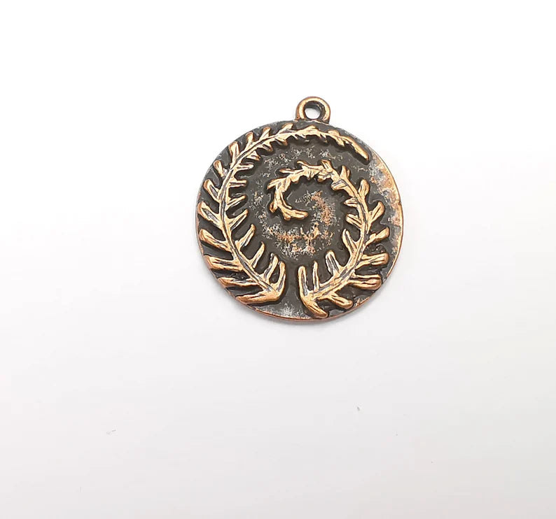 Fern Leaf Charms Hammered Disc Pendant Antique Copper Plated (28x24mm) G28175