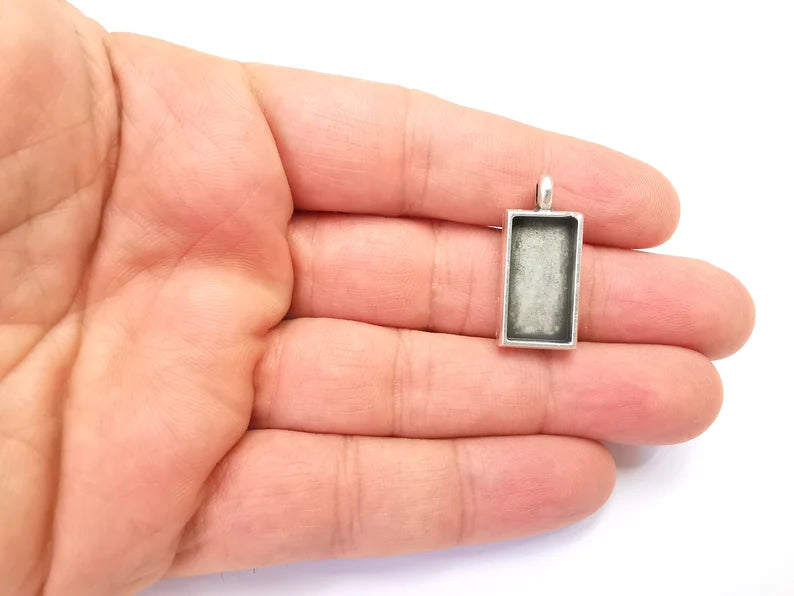 Rectangle Pendant Blanks, Resin Bezel Bases, Mosaic Mountings, Dry flower Frame, Polymer Clay base, Antique Silver Plated (20x10mm) G28178