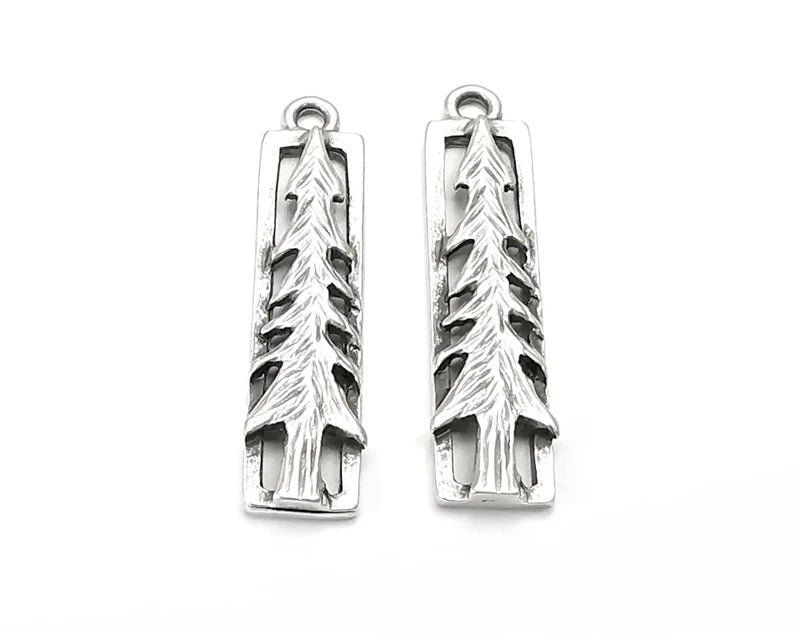 Tree Charms Antique Silver Plated Pine Tree DIY Charms, Dangle Earring Component (33x8mm) G28183