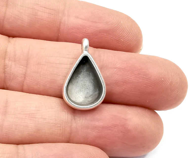 Drop Pear Pendant Blanks Resin Bezel Base Mosaic Mountings Antique Silver Plated (14x10mm Blank Size) G28185