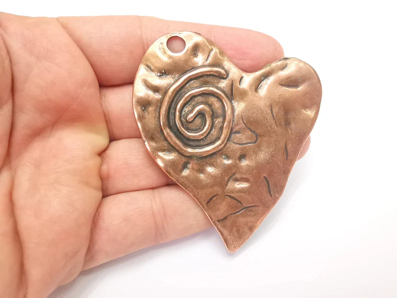 Spiral Heart Pendant, Antique Copper Plated Large Pendant (70x67mm) G28187