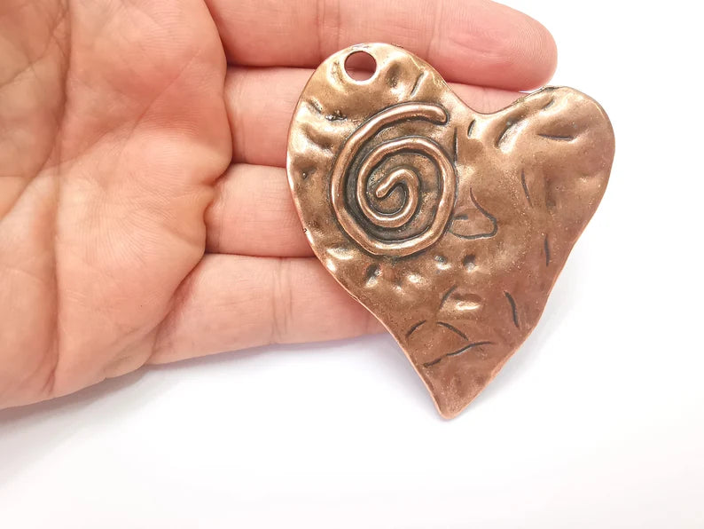 Spiral Heart Pendant, Antique Copper Plated Large Pendant (70x67mm) G28187