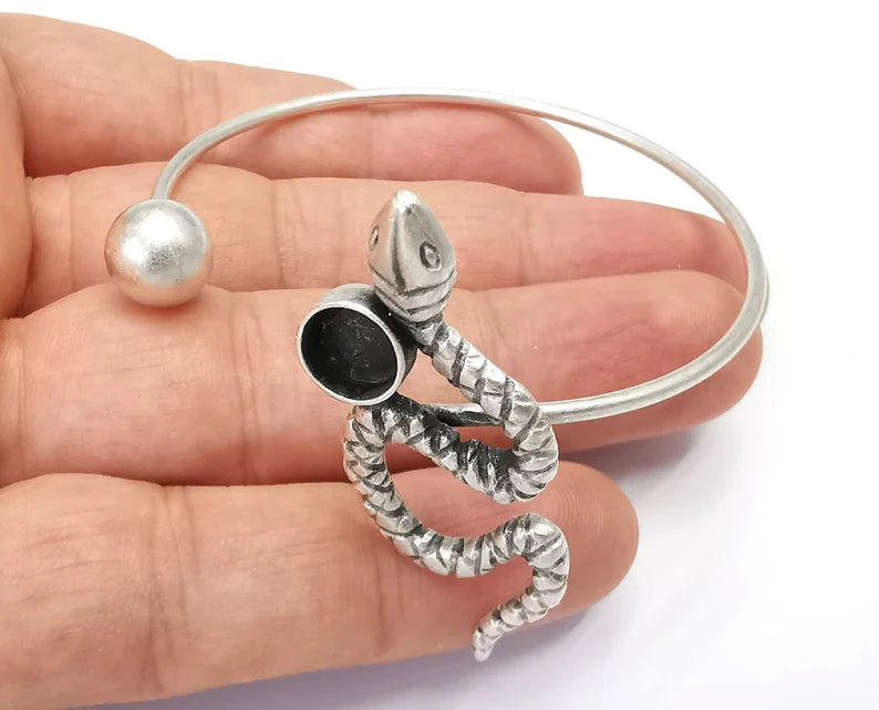 Snake Adjustable Bracelet Bases, Resin Cuff Blanks, Cabochon Bezel, Mosaic Mountings, Dry flower, Antique Silver Plated Brass (8mm) G28191